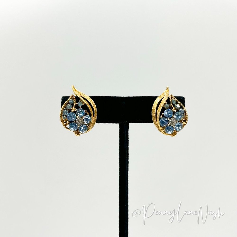 Lisner Lyra Rich Gold with Blue Rhinestones Stud Earrings